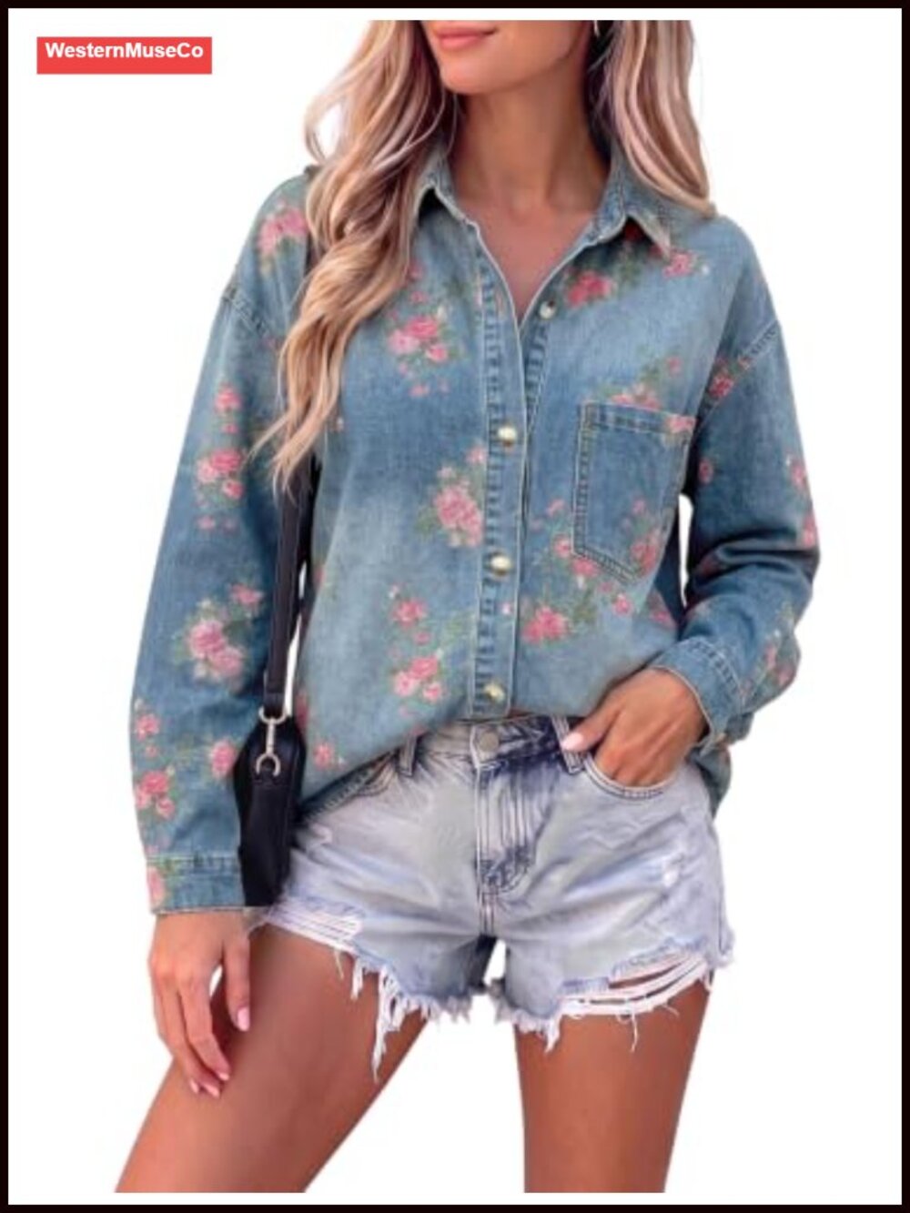 Floral Denim Button Down Shirt Long Sleeve Relaxed Fit Women's Top